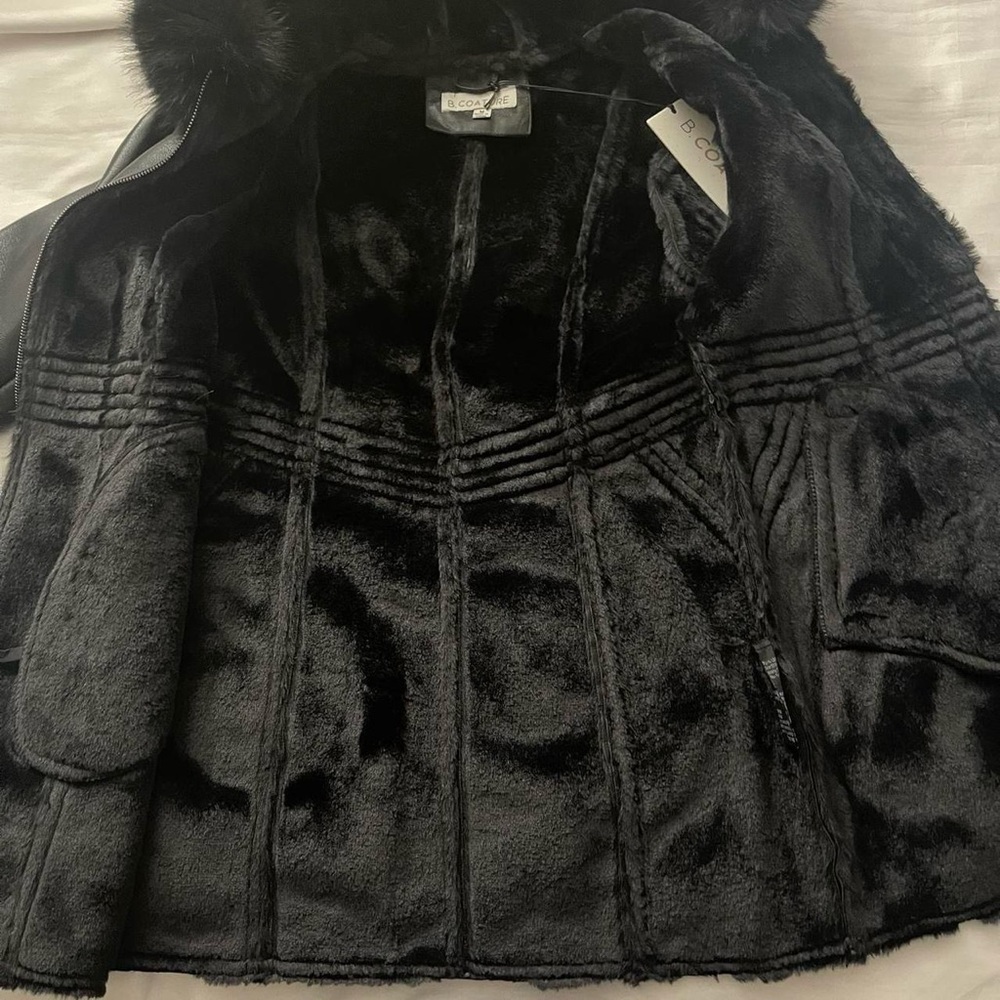 Black PU leather long jacket with sherpa lining removable faux fur on hoodie - Picture 13 of 14